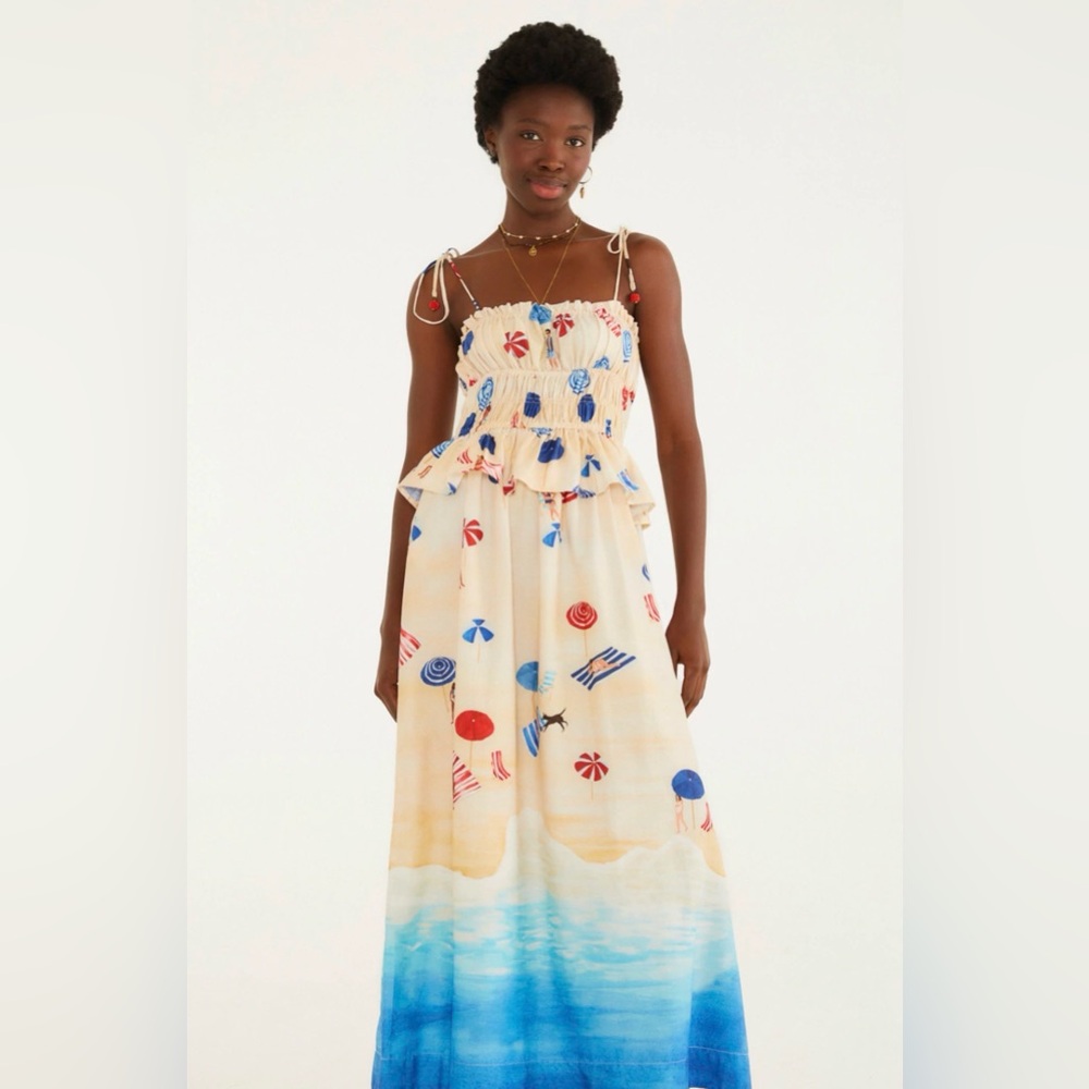 SOLD FARM Rio Cream and Blue Beach Maxi Dress